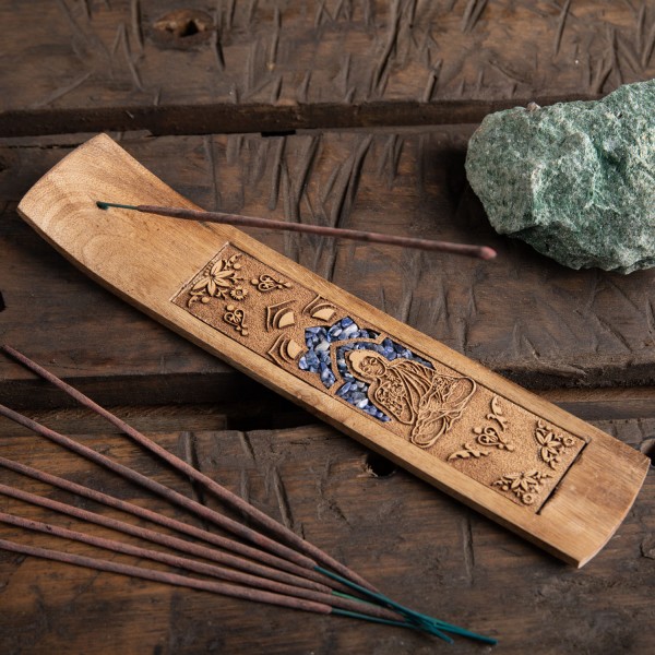 Räucherstäbchenhalter Buddha mit Sodalith aus Akazienholz