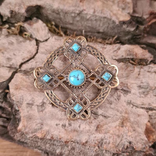 Mittelalter Brosche Kreuz mit Türkise aus Bronze