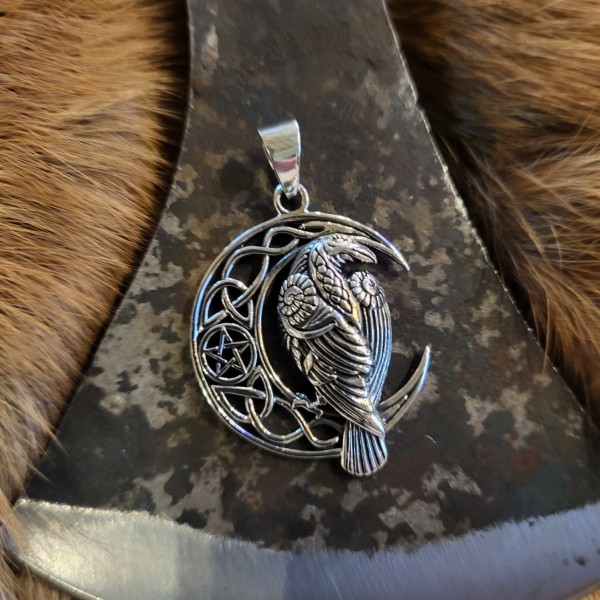 Wicca Amulett Rabe im Mond mit Drudenfuß aus Silber