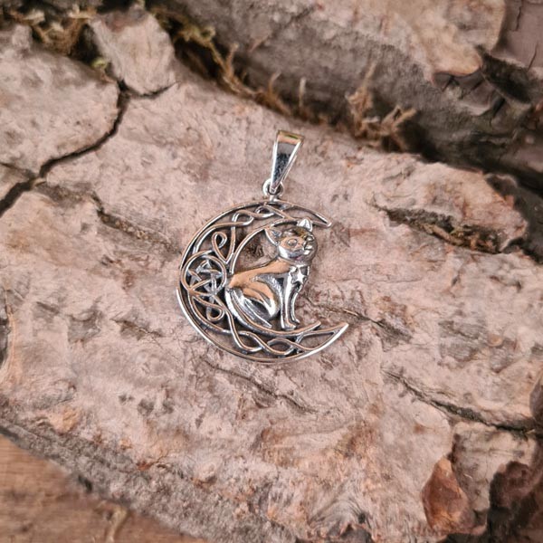 Amulett Mond mit Katze und Pentagramm aus Silber