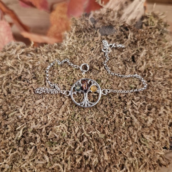 Handkette Lebensbaum mit Bernstein aus 925 rhodiniertem Silber