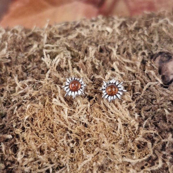 Ohrstecker Sonne mit Bernstein aus Silber