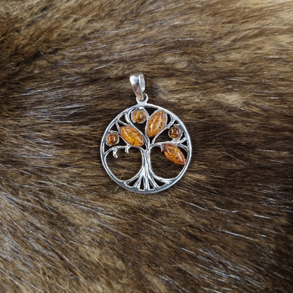 Amulett Lebensbaum mit Ostsee Bernstein aus Silber