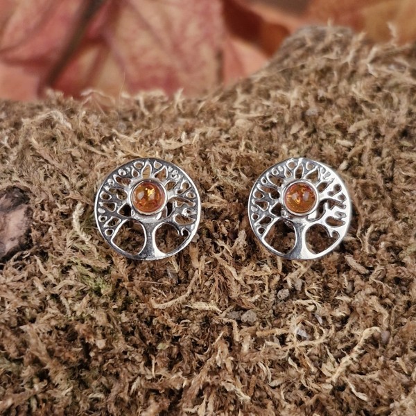 Ohrstecker Lebensbaum mit Ostsee Bernstein aus Silber