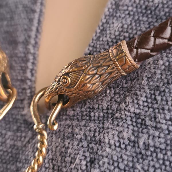 Wikinger Lederkette Rabenköpfe Hugin & Munin aus Bronze - 65 cm