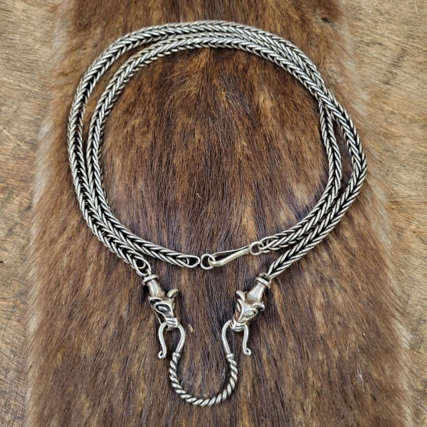 Wikinger Halskette mit Wolfskopf aus Silber - handgefertigt 65 cm