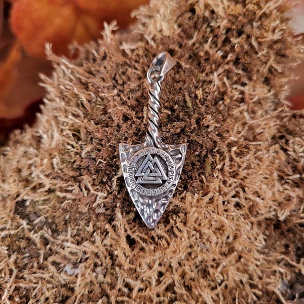 Asatru Pfeilspitze Valknut mit Runenkreis aus Silber