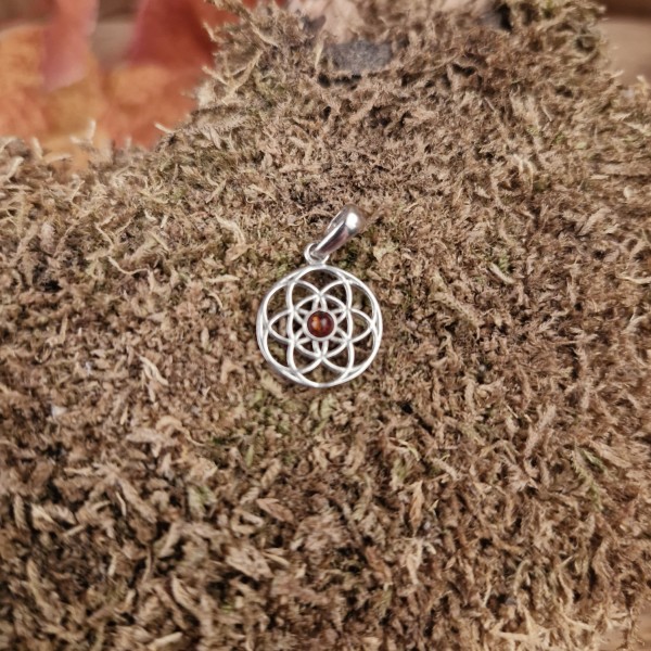 Amulett Blume des Lebens mit Bernstein aus Silber