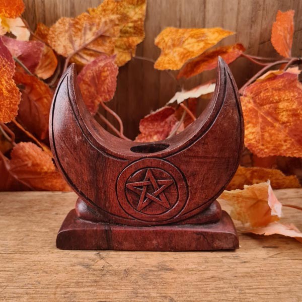 Kerzenständer Halbmond mit Pentagramm aus Holz