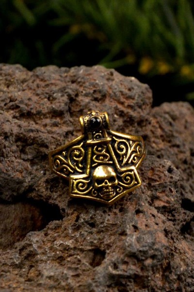 Wikinger Ring Thorshammer mit Onyx aus Bronze