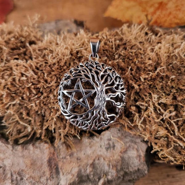 Wicca Amulett Baum des Lebens mit Drudenfuß aus Silber