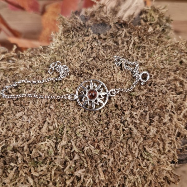 Handkette Sonne mit Bernstein aus 925 rhodiniertem Silber