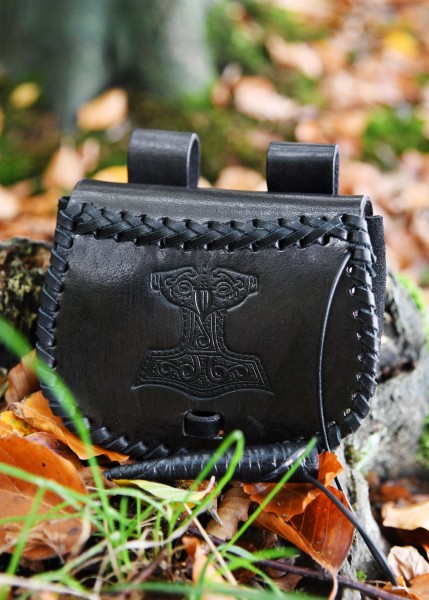 Kleine Frühmittelalter Gürteltasche mit Thorshammmer aus Leder schwarz