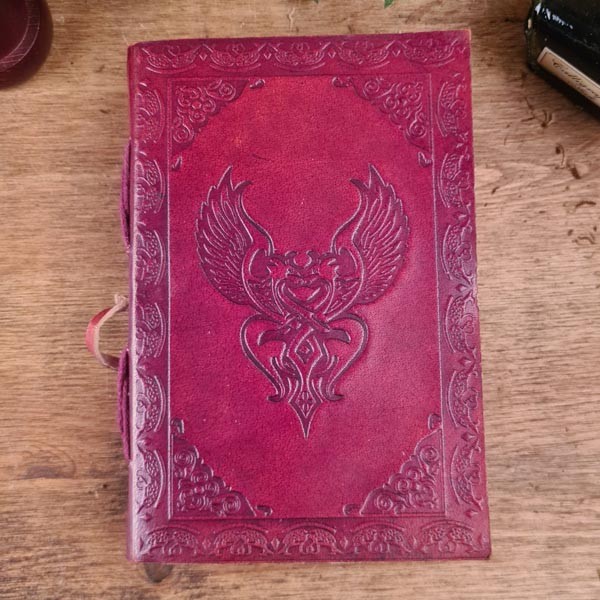 Notizbuch aus Leder mit Phönix und Blume des Lebens