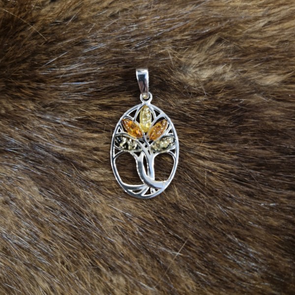 Amulett Lebensbaum mit mehrfarbigem Bernstein aus 925 rhodinierten Silber