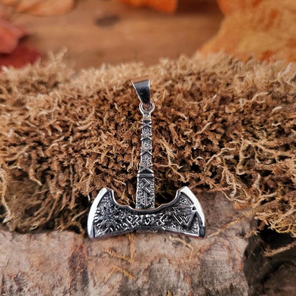 Asatru Amulett Doppelaxt mit Valknut & Vegvisir aus Silber